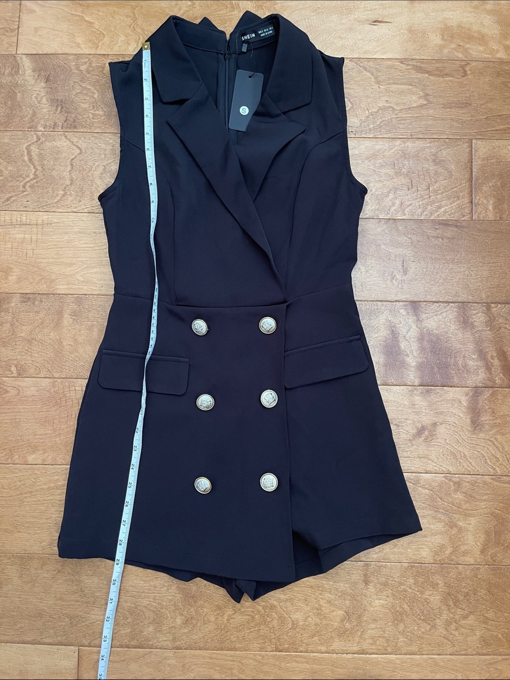 New Black Sleeveless Romper with Gold Buttons